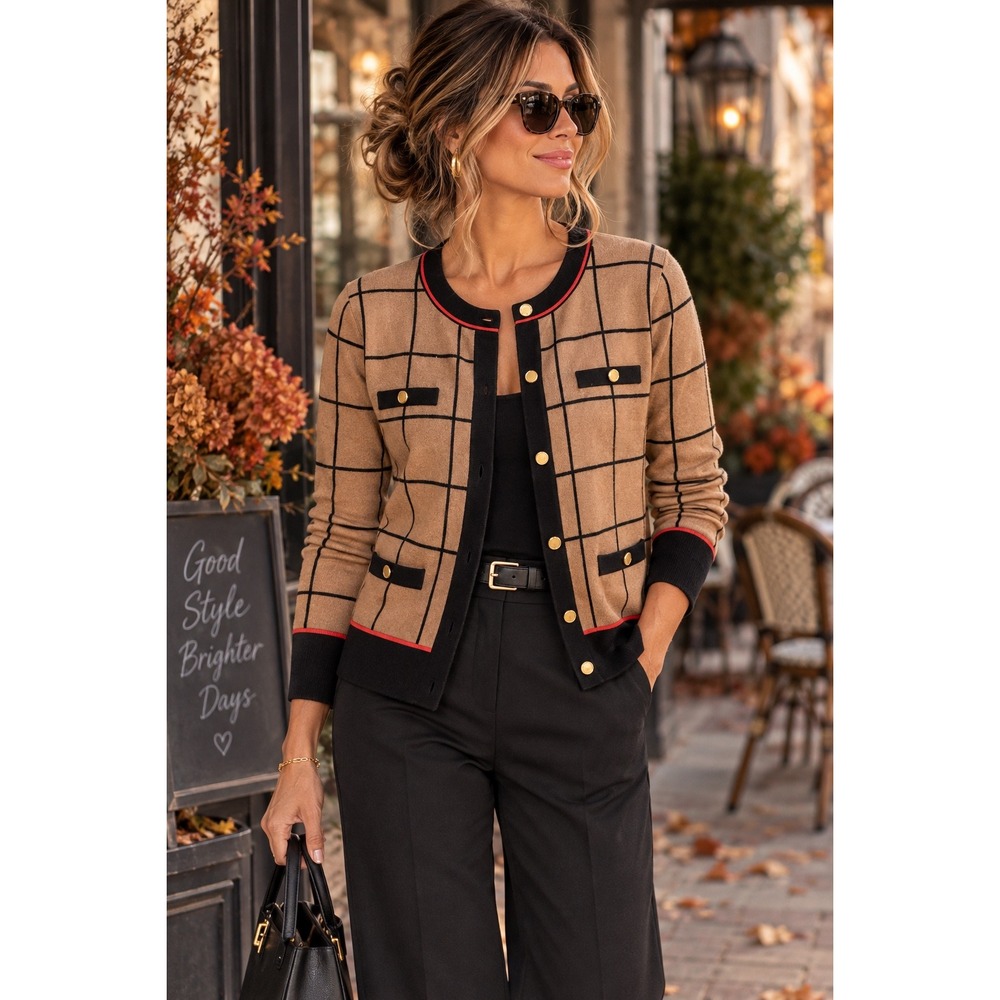 Chic Parisian Old Money Camel Plaid Cardigan Sweater Preppy Quiet Luxury Sz L